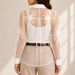 Chemisier blanc transparent pour femmes, chemise à col boutonné et manches longues brodée de fleurs - Product Image 2