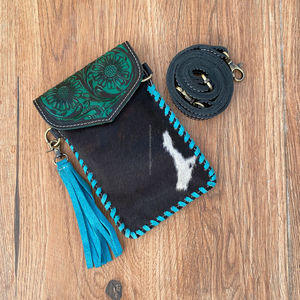 Soporte para teléfono cruzado con borlas turquesa de cuero tallado a mano para el pelo en piel de vaca Floral teléfono móvil teléfono inteligente bolso móvil para mujer - Product Image 2