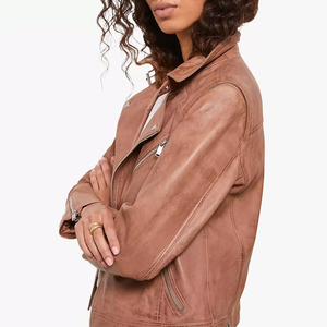 Women's <b>Genuine</b> Leather Moto Jacket Turn-Down Collar Zipper Closure Full Sleeve Autumn Style Solid Color Regular Fit - Product Image 3