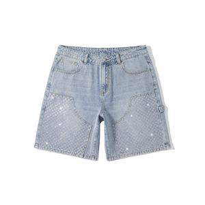 Shorts en jean taille haute pour femme, coupe ample, avec poches, délavé, style décontracté d'été, design patchwork - Product Image 1