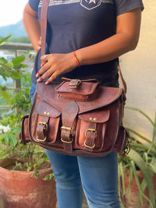 Handmade Goat Leather Handbag Sling Bag Casual Shoulder Brown 10*13 Inch Bag - Product Image 2