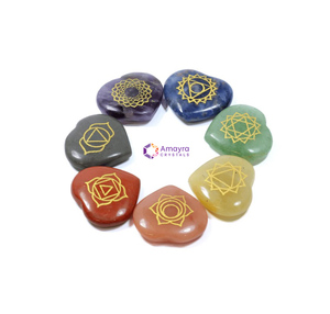 Gemstone 7 Chakra Engraved HEART Shape <b>Set</b> Customization with Wooden Box Natural Stone Wholesale Amayra <b>Crystals</b> Home Decoration - Product Image 1