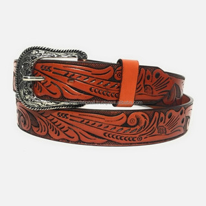 Ceinture d'outillage à main en cuir pour hommes de style occidental en relief à fleurs personnalisées ceinture de cow-boy à boucle en laiton de designer - Product Image 4