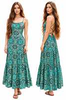 Robe longue bohème paisley tissée écologique pour femme, dos nu, bretelles croisées, idéale pour l'été et les vacances à la plage (vente en gros)