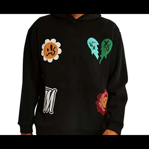 Sweat-shirt à capuche oversize pour homme en coton 100% noir avec broderie en patch chenille, style streetwear, en molleton - Product Image 6