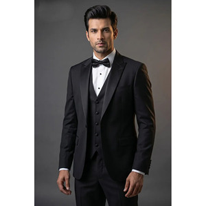 Traje de esmoquin negro con lentejuelas para hombre, estilo británico, corte regular, solapa con muescas, poliéster tejido antiencogimiento - Product Image 3