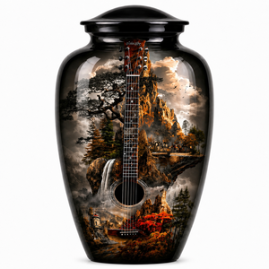 Urna Funeraria de Esmalte de Lujo con Diseño de Guitarra Nocturna Urbana y Adhesivo Conmemorativo para Cenizas Humanas - Product Image 2