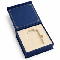 Boîte de présentation rigide de luxe personnalisée, bleu marine royal, bordure double ligne dorée, motif filigrane, emballage en gros, usine