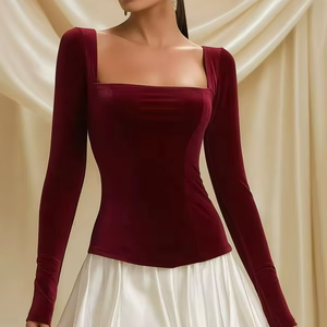 Vestido Elegante de Terciopelo Borgoña para Mujer, Cuello Cuadrado, Ajustado, Manga Larga, Mini, para Cóctel, Fiesta, Noche, Largo Maxi, Diseño Sólido - Product Image 1