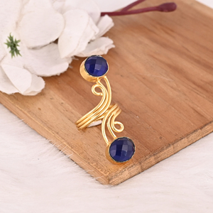 Ink Blue Brass Two Gemstone Fashion <b>Ring</b> for Women Gold Plated Stylish Oval Shape Accessory - Product Image 3