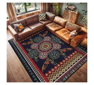 Alfombra Decorativa Tribal con Bordes Geométricos Vintage, Impresa en 3D, Suave y de Pelo Corto, para Dormitorio y Oficina en Casa, Color Azul Marino - Product Image 1