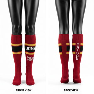Premium 320 GSM Polyester Cotton Blend Ice Hockey <b>Socks</b> Red Black Gold Knit Stripes Custom Woven Logo - Product Image 1