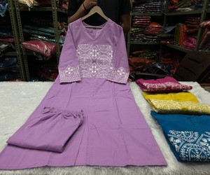 Conjunto de dos piezas de tela de algodón Tesla con bordado, de moda, para uso diario, de secado rápido, precio al por mayor, prenda étnica, color lavanda - Product Image 3