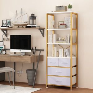 Libreria 60*35*174cm con Telaio Dorato, 6 Ripiani e 3 Cassetti, in Truciolato con Struttura in Ferro e Tessuto Non Tessuto - Product Image 4