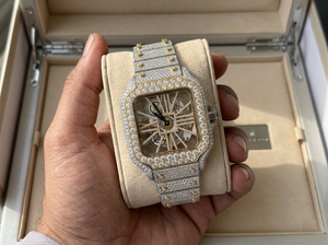 Montre squelette de luxe en moissanite VVS, entièrement sertie, bicolore or, mouvement mécanique, boîtier carré, chiffres romains, bijoux hip-hop - Product Image 6