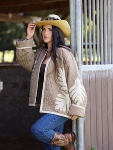 Kimono Open Front Quilted Hawaii <b>Jacket</b> <b>Beige</b> Khaki Leaf Cut Work Coat Dropped Shoulder Loose Outwear For <b>Ladies</b> Street Wear - Product Image 5