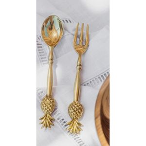 Elegante juego de 2 utensilios para servir ensalada con mango de latón macizo en forma de hoja, modernos utensilios de metal con acabado dorado para la mesa de comedor. - Product Image 3