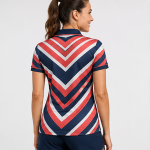 Polo à manches courtes pour femme avec logo personnalisé, rouge, blanc, bleu foncé, chevron, séchage rapide, sublimation, vêtements de sport pour le golf - Product Image 4