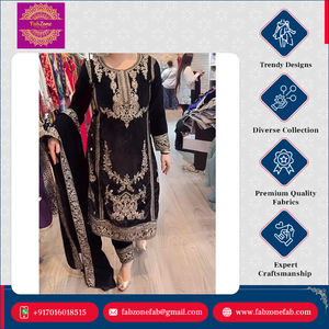 Ensemble moderne indien pakistanais en velours pur lourd et visqueux, broderie, manches longues, pantalon, haut, dupatta, pour les occasions spéciales, longueur genou - Product Image 5