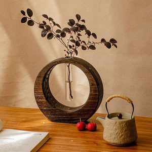 Florero Circular de Madera Minimalista Moderno, Exportador de Marcos de Madera Hechos a Mano con Tubo de Vidrio para Plantas Hidropónicas - Product Image 3