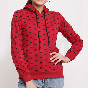 Women Red Hoodie With <b>Black</b> <b>Heart</b> Print Full Sleeve Casual Knitted Sweatshirt 100% Cotton Autumn Wear - Product Image 2
