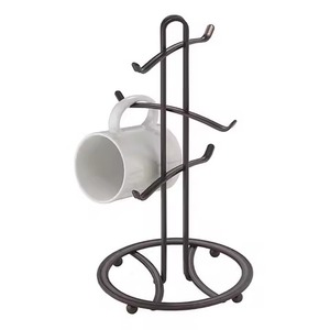 Support à tasses noir massif avec poteau central, 3 crochets horizontaux, base ronde lestée pour comptoir de cuisine - Product Image 1
