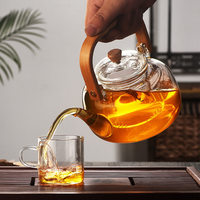 Théière en verre borosilicate résistant à la chaleur de 1000 ml avec poignée en bambou, pot à thé transparent pour la maison, le bureau et les fêtes