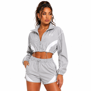 Veste coupe-vent courte noire à manches longues en nylon réfléchissant sur mesure pour femme, avec passepoil, en polyester, style survêtement, pour homme - Product Image 1