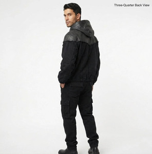 Custom Men's Hooded Leather Patchwork Bomber <b>Jacket</b> Black Canvas <b>Cropped</b> Streetwear Zip-Up OEM ODM Wholesale - Product Image 3