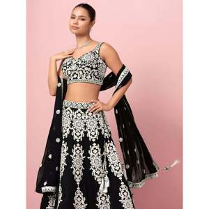 Lehenga Choli de Georgette con Bordado en Hilo Negro para Recepción, Traje de Boda - Product Image 2