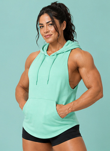 Camiseta sin mangas con capucha y logo frontal transpirable para mujer, top deportivo de alta calidad, chaleco deportivo con espalda cruzada, sudadera con capucha tipo stringer - Product Image 3