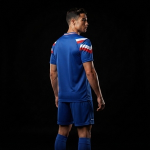 Ensemble de maillots et shorts de football personnalisés bleu, rouge et blanc, 100% polyester respirant, tenue d'équipe de football, uniforme sportif, service OEM - Product Image 3