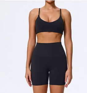 Women Solid Color Seamless Yoga Sports <b>Bra</b> Set Medium Support <b>Spaghetti</b> <b>Strap</b> Scoop Neck High Waist Shorts For Workout - Product Image 2