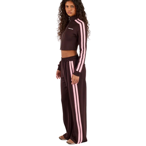 Womens Cropped Full <b>Zip</b> Hoodie Tracksuit Set <b>Side</b> Stripe Wide Leg <b>Trousers</b> Drawstring Waist Two Piece Casual Street Style Outfit - Product Image 6