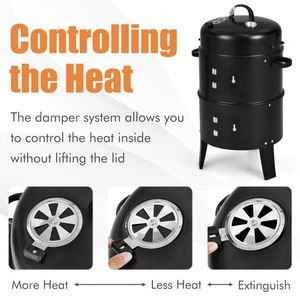 3 in 1 Charcoal BBQ Grill Smoker with Built-In Thermometer Powder Coated <b>Outdoor</b> Garden <b>Heater</b> - Product Image 4