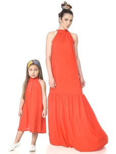 Alluring Party Wear Mum & Me Matching Red Sleeveless Loose & light Weight Long Maxi Dress Set Crafted With Soft Cotton Fabric - Product Image 4