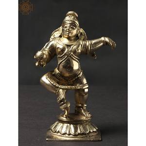Sculpture en laiton Shri Krishna dansant à la main de 5 pouces fabriquée en Inde - Product Image 1