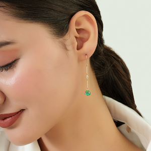 Elegant Classic Design Handcrafted 7 mm Round Cut Emerald & Diamond Simple <b>Dangle</b> <b>Earrings</b> Solid 14K Yellow <b>Gold</b> Bulk Jewelry - Product Image 6