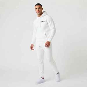 Survêtement blanc à capuche pour homme, manches longues, couleur unie, tenue décontractée avec poche avant et logo, coupe classique, saison automne - Product Image 5