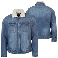 Veste en jean pour homme à marque privée, bleu délavé, coupe classique, boutonnée, décontractée, avec col en peau lainée, design de logo personnalisé