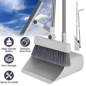 4 in 1 Stainless Steel Handle Broom Dustpan and <b>Squeegee</b> Combo Set Upright Standing Indoor Outdoor Brooms & Dustpans - Product Image 1