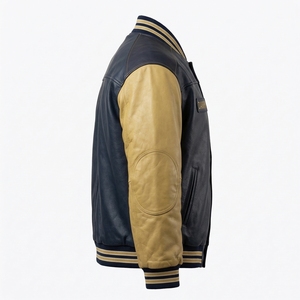 <span class=keywords><strong>Giacca</strong></span> Letterman in <span class=keywords><strong>Pelle</strong></span> Blu Scuro e Oro con Grande Motivo Ricamato sul Retro, Bottoni a Scatto, Bicolore, Abbigliamento Collegiale da Uomo - Product Image 3