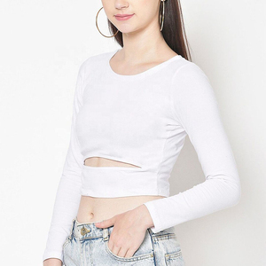 Blusa Corta Blanca de Manga Larga para Mujer con Detalle Recortado, Cuello Redondo, Tejido de Punto, Estilo Casual, Color Sólido, Ajuste Elástico - Product Image 1