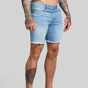 Pantalones Cortos de Mezclilla para Hombre, Lavado Claro, Pierna Recta, Cintura Alta, Casuales, Transpirables, de Algodón Tejido, con Borde Deshilachado - Product Image 4
