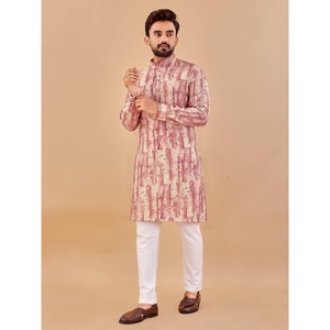 DESIGNER COTTON FOIL PRINT WORK <b>MENS</b> <b>KURTA</b> PAJAMA PINK Achkan Bandhgala Sherwani - Product Image 1