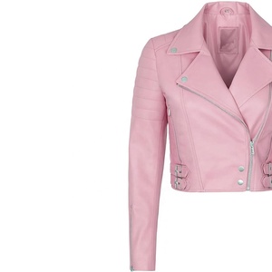 Blouson de motard en cuir véritable personnalisé pour femme, rose pâle, coupe courte, style motard unisexe, couleur unie - Product Image 3