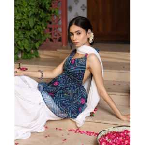 Conjunto de Salwar Kameez Sharara Palma Blue Bandhani, Talla XS, para Bodas y Eventos - Product Image 1