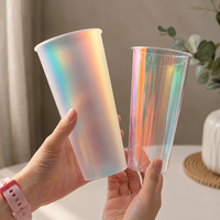 Gobelets à thé au lait en PP moulés par injection, film métallique arc-en-ciel de 90 mm, 500 ml/700 ml, gobelets jetables pour boissons avec couvercles en plastique