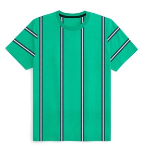 เสื้อยืดคอกลมแขนสั้นผู้ชาย ลายทางสีเขียว ทรงปกติ ผ้าถัก 100% คอตตอน ระบายอากาศได้ดี แต่งขอบตัดสี - Product Image 1