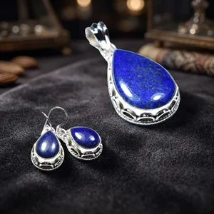 925 Sterling Silver Pendant Earrings Jewelry Set Handmade Teardrop Design Blue Lapis Lazuli Gemstone For Women - Product Image 4